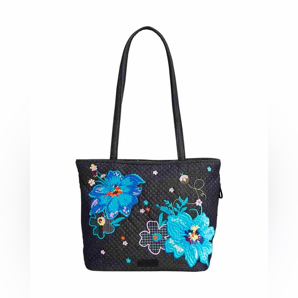 Vera Bradley Iconic Denim Navy Floral Small Tote Handbag Purse Embroidered